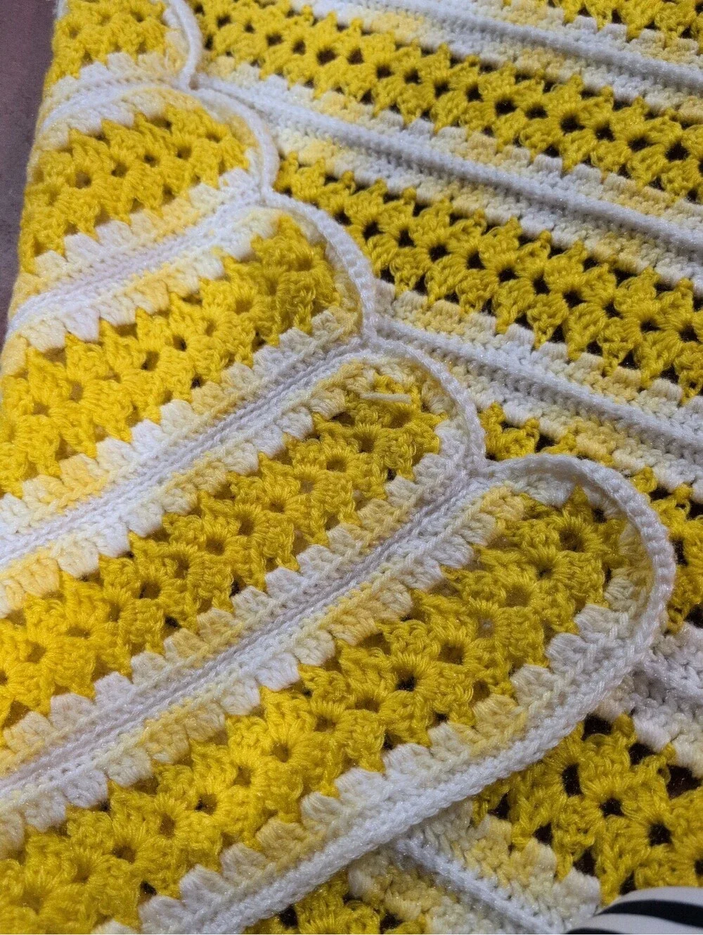 Vintage Handmade Yellow and White Crochet Blanket
